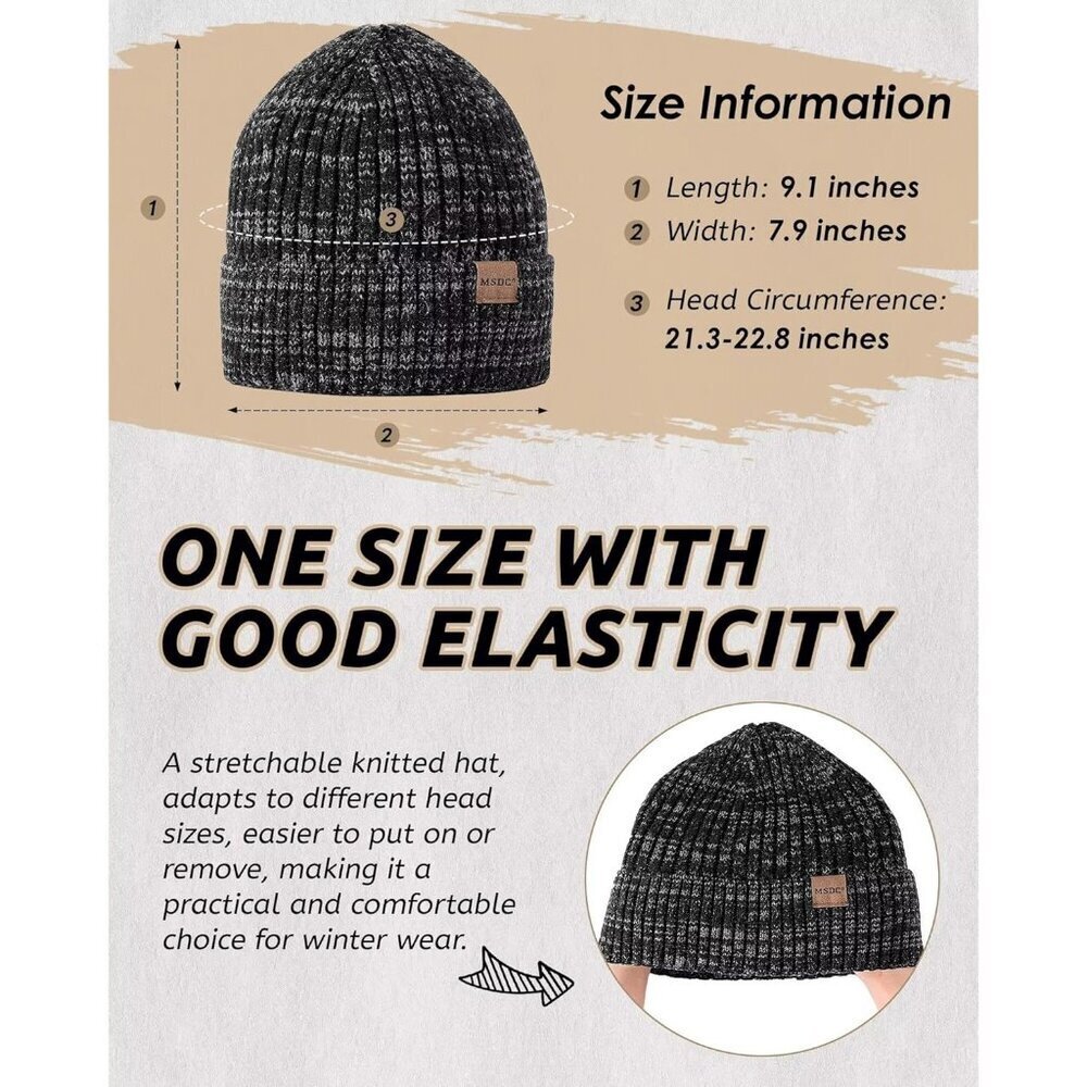 Unisex  Mix Black Beige Warm Fleece-Lined Knit Beanie Skull Cap for Cold Weather - Picture 2 of 7